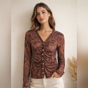 Brown Mesh Paisley Button Front Ruched Layering Top, M, Festival, Boho, Indie